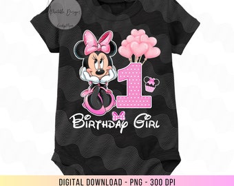 May include: A black t-shirt with a pink and white polka dot design featuring a cartoon image of Minnie Mouse holding a number one with pink balloons and a cupcake. The text "1st Birthday Girl" is printed on the shirt.