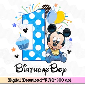 Baby Mickey 1st PNG, Jasnoniebieski Baby Mickey 1st Birthday, Koszulka dla chłopca 1st Birthday Iron On, Cyfrowe DIY 1st Birthday Mickey Mouse, baby Mickey