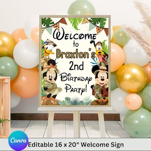 Cartello di benvenuto Mickey Safari modificabile per qualsiasi età, cartello di benvenuto stampabile Mickey, striscione per festa di compleanno, cartello per festa all'aperto compleanno bambini