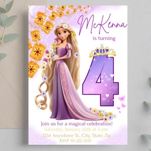 Rapunzel 4th Birthday Invitation, Custom Birthday Invitation template, Tangled birthday invitation, Editable Birthday Party Invitation 4th