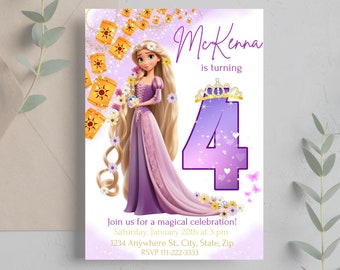 Puede incluir: Invitación de cumpleaños morada y dorada con una imagen de dibujos animados de Rapunzel de la película de Disney Enredados. La invitación dice "McKenna cumple 4 años" e incluye detalles para una celebración mágica.