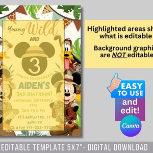May include: Editable 5x7 inch digital printable birthday invitation template featuring Mickey Mouse and friends in jungle explorer outfits. The template is yellow with green foliage and includes the text "Young Wild and 3" and "Join us to celebrate Aiden's 3rd Birthday!"
