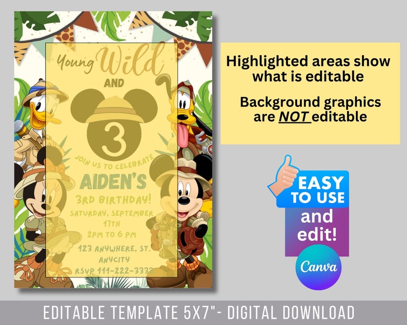 May include: Editable 5x7 inch digital printable birthday invitation template featuring Mickey Mouse and friends in jungle explorer outfits. The template is yellow with green foliage and includes the text "Young Wild and 3" and "Join us to celebrate Aiden's 3rd Birthday!"
