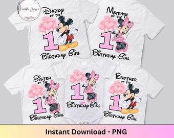 May include: Set of five white t-shirts featuring a pink and black Mickey Mouse and Minnie Mouse design. The shirts display the text "Daddy of the 1st Birthday Girl", "Mommy of the 1st Birthday Girl", "Sister of the 1st Birthday Girl", "Brother of the 1st Birthday Girl", and "1st Birthday Girl".