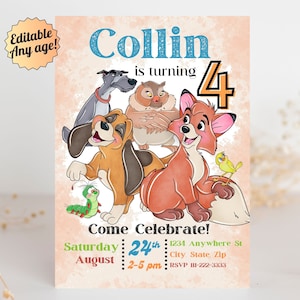 Invito di compleanno modificabile con volpe e segugio, modello di invito alla festa di compleanno di volpe, invito alla festa stampabile Volpe e segugio, invito retrò