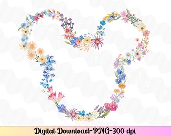 Wildflower Mouse Outline PNG, Wildflower Mouse, Ears wildflowers, Minnie Ears with wildflowers, Sublimation wildflowers minnie Mouse outline