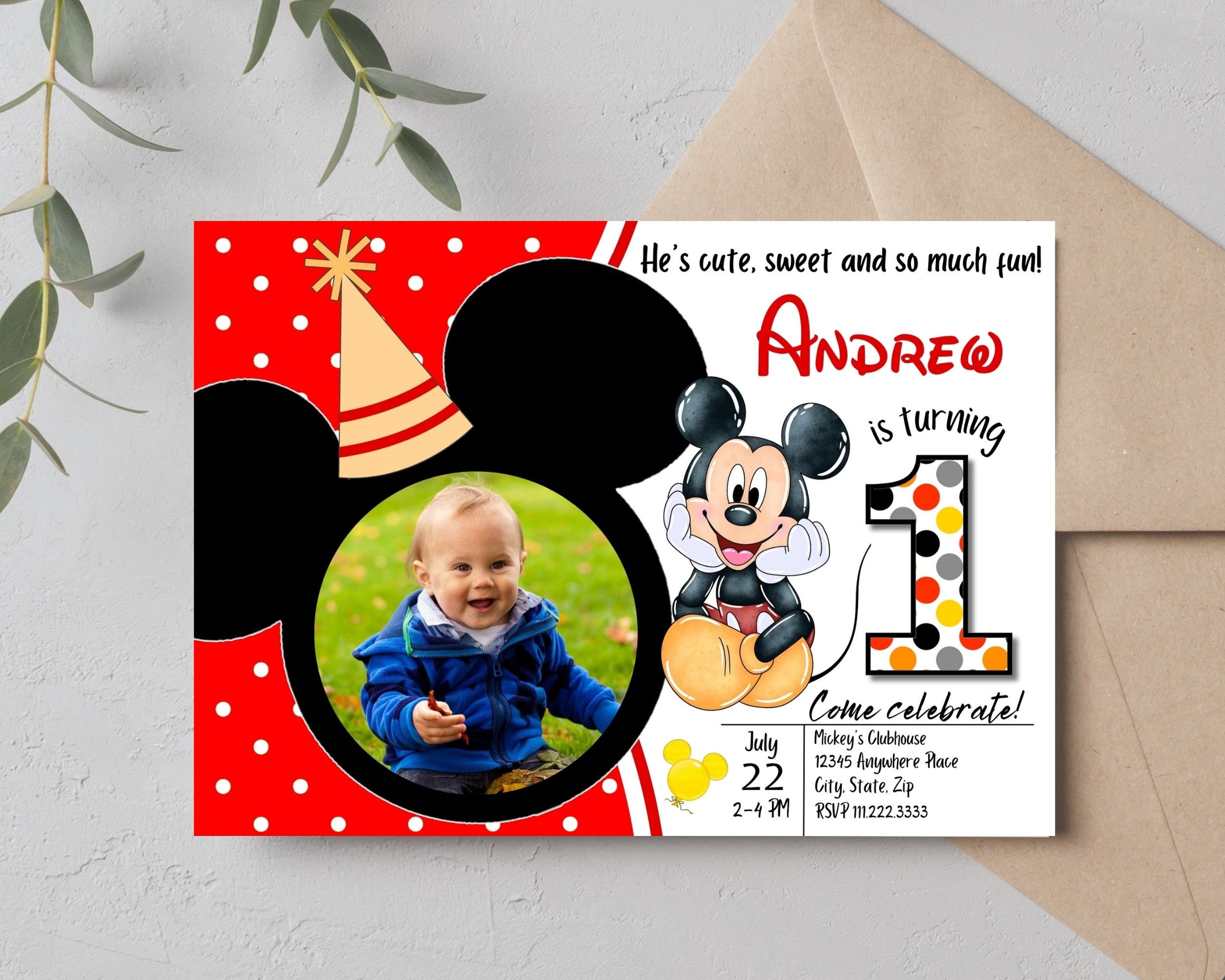Editable 1st Birthday Photo Invitation Mickey, Birthday Invitation With  Photo, Mickey Mouse Invitations, Editable Invitation With Picture - Etsy, image size:2500x2000