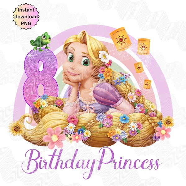 8e anniversaire Tangled PNG, anniversaire princesse, fer à repasser, joyeux anniversaire png, anniversaire magique téléchargement immédiat, raiponce 8e png