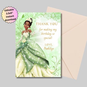 Bearbeitbare Dankeskarte Tiana, Dankeskarte zum Geburtstag, Geburtstags-Dankeschön Geschenkanhänger, Party-Dankeschön-Karten, Prinzessin Tiana Danke