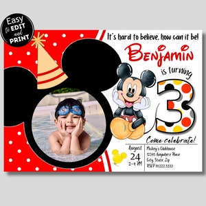 Invitación con foto para el tercer cumpleaños de Mickey, invitación de cumpleaños de Mickey, invitaciones de Mickey Mouse, invitación editable de Mouse con imagen, Canva