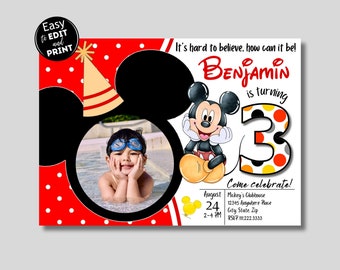 Mickey 3rd Birthday Photo Invitation, Mickey Birthday Invitation, Mickey Mouse Invitations, Mouse Editable Invitation with picture, Canva