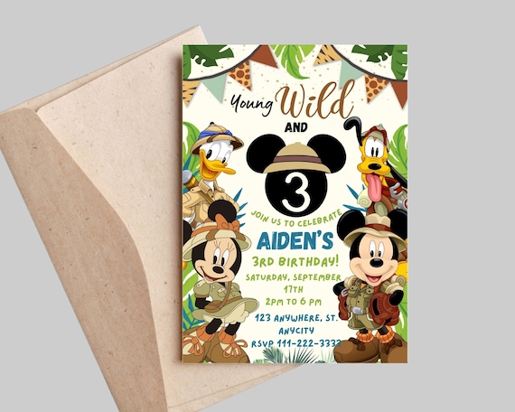 Young Wild and Three Birthday Mouse Invitation, Birthday Invitation Safari Mickey, Printable Invitation Mickey, 3rd Birthday Wild and Free