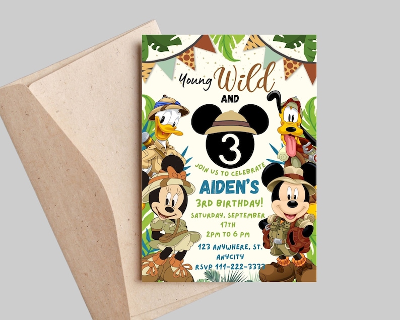 May include: A birthday invitation featuring Mickey Mouse, Minnie Mouse, Donald Duck, and Goofy dressed in safari outfits. The invitation is for Aiden's 3rd birthday party, which will be held on September 17th from 2 pm to 6 pm. The invitation includes the address and RSVP information.