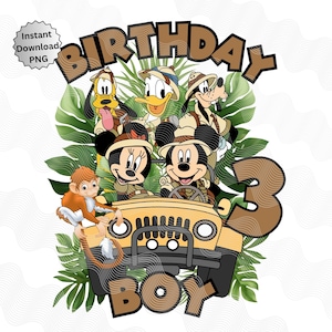 Mickey en vrienden Safari 3e verjaardag Png, Safari 3e verjaardagsthema, 3e verjaardag opstrijkbare, Safari Mickey Mouse 3, Mickey Jungle Thema