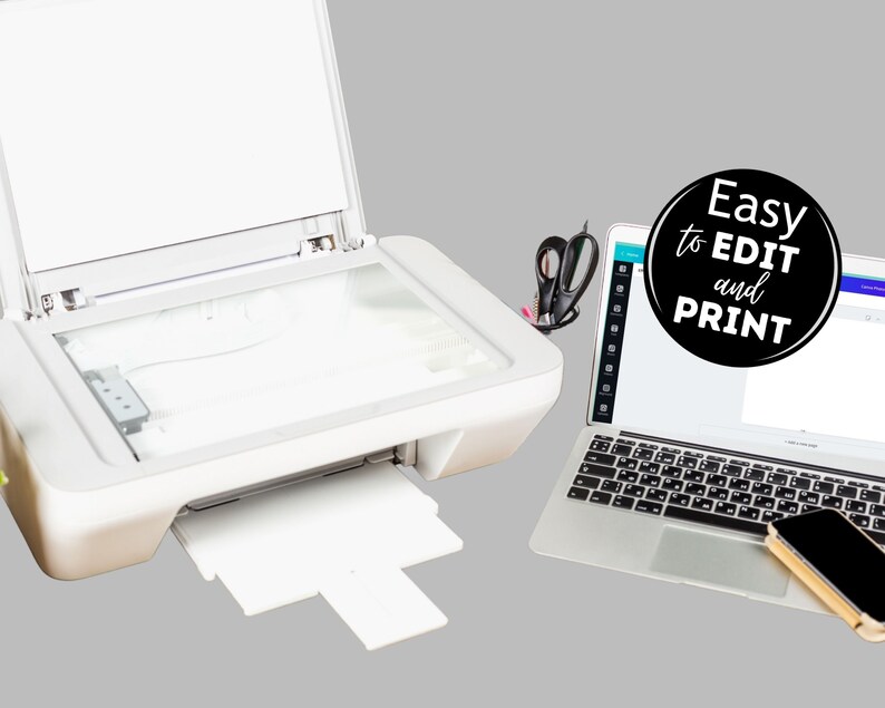 May include: A white all-in-one printer with the lid open, a laptop computer with a design program open on the screen, and a cell phone. The laptop screen has a black circle with the text "Easy to EDIT and PRINT".