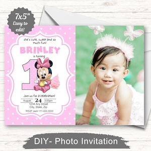 Faire-part d'anniversaire bébé Minnie Mouse, faire-part photo, faire-part imprimable, carte photo 1er anniversaire, faire-part photo personnalisé