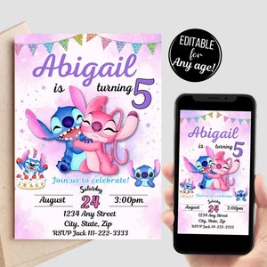 Stitch and Angel Birthday Girl Invitation, Digital Birthday Invitation, Watercolor Stitch Cell evite, Printable Invitation Angel and Stitch