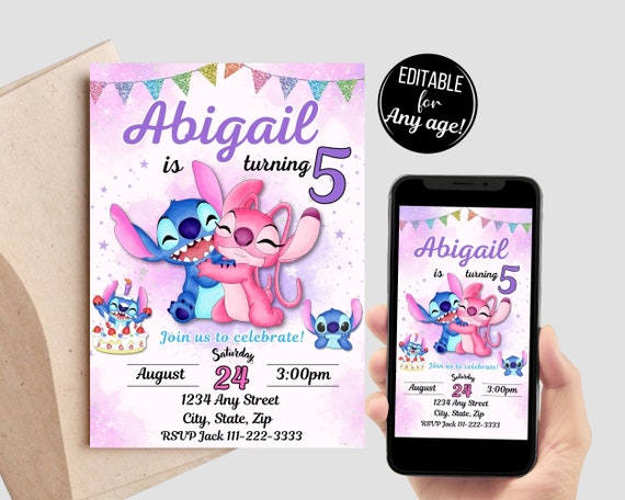 Stitch and Angel Birthday Girl Invitation, Digital Birthday Invitation, Watercolor Stitch Cell evite, Printable Invitation Angel and Stitch