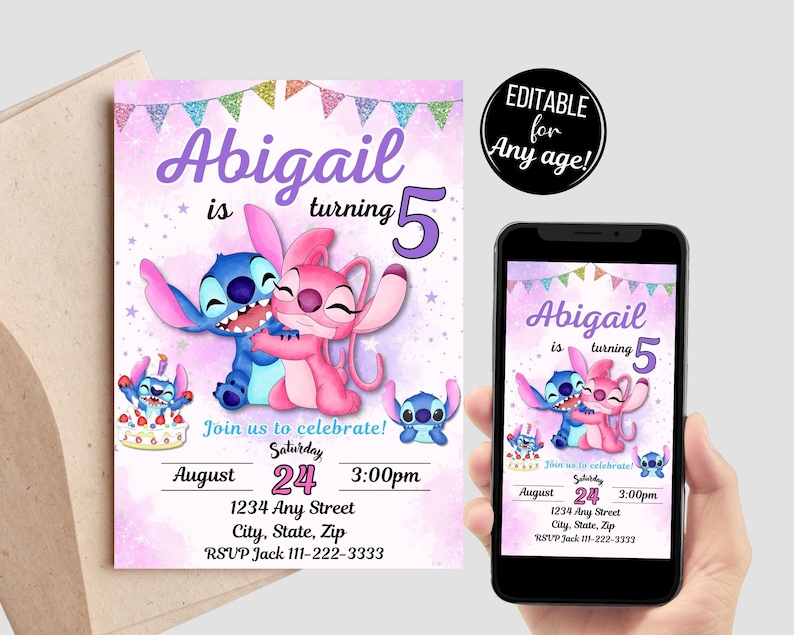May include: A pink and purple birthday invitation with a cartoon image of Stitch and Angel from the Disney movie Lilo & Stitch. The invitation says "Abigail is turning 5" and includes details for a party on August 24th at 3:00pm.