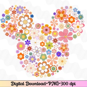 Groovy Minnie PNG, Vintage style minnie mouse png, Minnie Ears with wildflowers, Mouse outline png, groovy Minnie, retro flower minnie