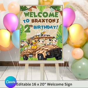 Sinal de boas-vindas do Mickey Safari editável, sinal de boas-vindas para impressão Mickey, banner digital para festa de aniversário, modelo de sinal de boas-vindas do Canva