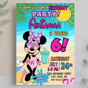 May include: A birthday party invitation featuring a cartoon image of Minnie Mouse wearing sunglasses and a swimsuit, holding a blue drink. The invitation is for a 6-year-old girl named Arianna and includes the text "Join us for a birthday party! Arianna is turning 6! Saturday July 24th 2-5 PM: 1234 Anywhere Street City, State, Zip RSVP 111-222-3333".