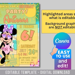 May include: A printable birthday party invitation featuring a cartoon image of Minnie Mouse wearing sunglasses and a pink swimsuit. The invitation is for a 6-year-old girl named Arianna and includes the text "JOIN US FOR A BIRTHDAY PARTY!" and "IS TURNING 6!" The invitation is decorated with a beach theme and includes a date and time for the party.