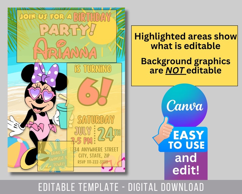 May include: A printable birthday party invitation featuring a cartoon image of Minnie Mouse wearing sunglasses and a pink swimsuit. The invitation is for a 6-year-old girl named Arianna and includes the text "JOIN US FOR A BIRTHDAY PARTY!" and "IS TURNING 6!" The invitation is decorated with a beach theme and includes a date and time for the party.