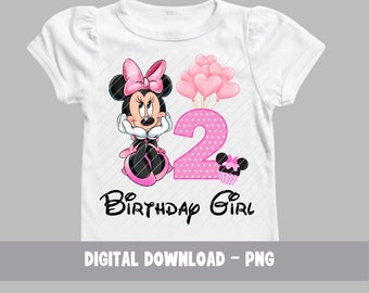 May include: A white t-shirt with a pink Minnie Mouse character, a pink number 2 with white polka dots, and the text "Birthday Girl".
