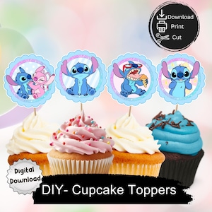May include: Printable cupcake toppers featuring Stitch and Angel from the Disney movie Lilo & Stitch. The toppers are blue, pink, and white with a glittery background. The text "DIY - Cupcake Toppers" is at the bottom of the image.