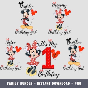 1st Red Minnie Mouse Descarga instantánea Family Birthday Girl Bundle, Mami de, Daddy of shirts, Minnie Png, Birthday Girl PNG, 1st Iron On
