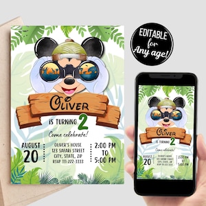 Bewerkbare Mickey Safari-verjaardagsuitnodiging, afdrukbare uitnodiging Mickey, Safari-verjaardagsuitnodiging, tekstverjaardagsuitnodiging, Canva-uitnodiging