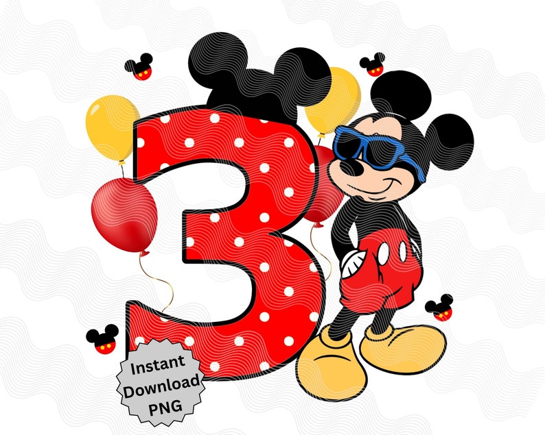 K&ouml;nnte beinhalten: Rote und wei&szlig;e Tupfen-Zahl drei mit Mickey Mouse, der eine Sonnenbrille und rote Shorts tr&auml;gt. Mickey Mouse steht rechts neben der Zahl. Es gibt gelbe und rote Ballons um die Zahl herum.