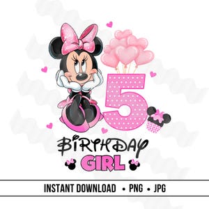 Pink Minnie 5e verjaardag meisje PNG aangepaste verjaardag afbeelding prinses 5e voor opstrijkbare DTF sublimatie bijpassende familie verjaardag shirts digitaal