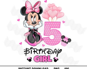 Pink Minnie 5th Birthday Girl PNG Customized Birthday Image Princess 5th for Iron on DTF Sublimation Matching Family Birthday Shirts Digital