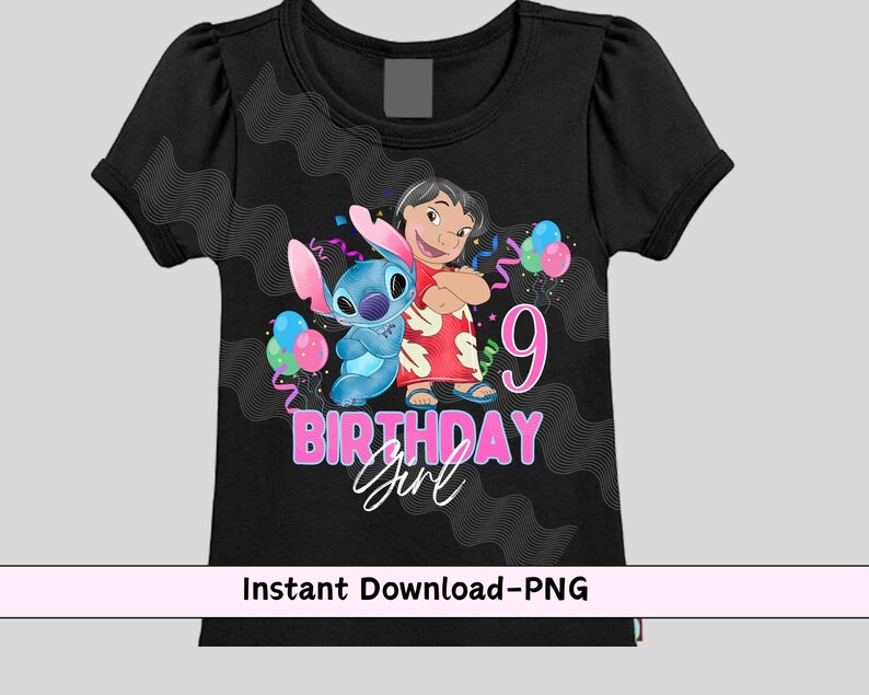 Puede incluir: Camiseta negra con un gr&aacute;fico colorido de Lilo y Stitch, globos y el texto "9 Birthday Girl". El dise&ntilde;o incluye el n&uacute;mero 9 en rosa y las palabras "Birthday Girl" en rosa y blanco.