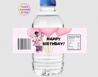 Etiqueta de agua con tema de Minnie Mouse rosa para descargar al instante, etiqueta de agua imprimible para fiesta de cumpleaños, etiqueta de agua con tema de Minnie Mouse para botellas de 8 oz