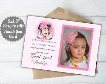 Editable Pink Minnie Mouse Thank You Card, Thank You Cards, Thank You Card Digital, Photo Card, Personalized Photo Cards