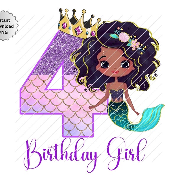4th Birthday Mermaid  png for Iron On Sublimation Heat Transfers, Mermaid 4 Birthday Sublimation, Instant Download, Black Little Mermaid png