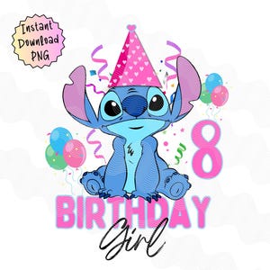 Stitch 8e verjaardag PNG, verjaardag meisje Stitch Digital Image, Lilo and Stitch 8e verjaardag Instant download, schattige Stitch png voor verjaardag