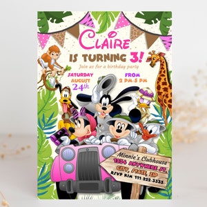 Invito di compleanno modificabile a tema Minnie Safari, invito di compleanno a tema giungla per bambine, invito stampabile su Canva, invito a tema safari nella giungla