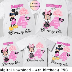 Magliette per la famiglia del 4° compleanno, ragazza del compleanno 4°, Minnie per il 4° compleanno, pacchetto famiglia 4° compleanno, magliette per la famiglia 4°, PNG 4° compleanno