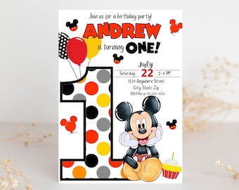May include: A birthday party invitation featuring Mickey Mouse and a large number one with red, yellow, black, and gray polka dots. The invitation is for Andrew's first birthday party on July 22nd from 2-4 PM. The address is 1234 Anywhere Street, City, State, Zip. RSVP to Kim at 1-222-3333.