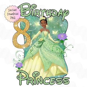Princesa Tiana 8º aniversário PNG, Aniversário Princesa 8º, Camisa de aniversariante com ferro, Princesa e o sapo Aniversário png, Tiana 8º aniversário