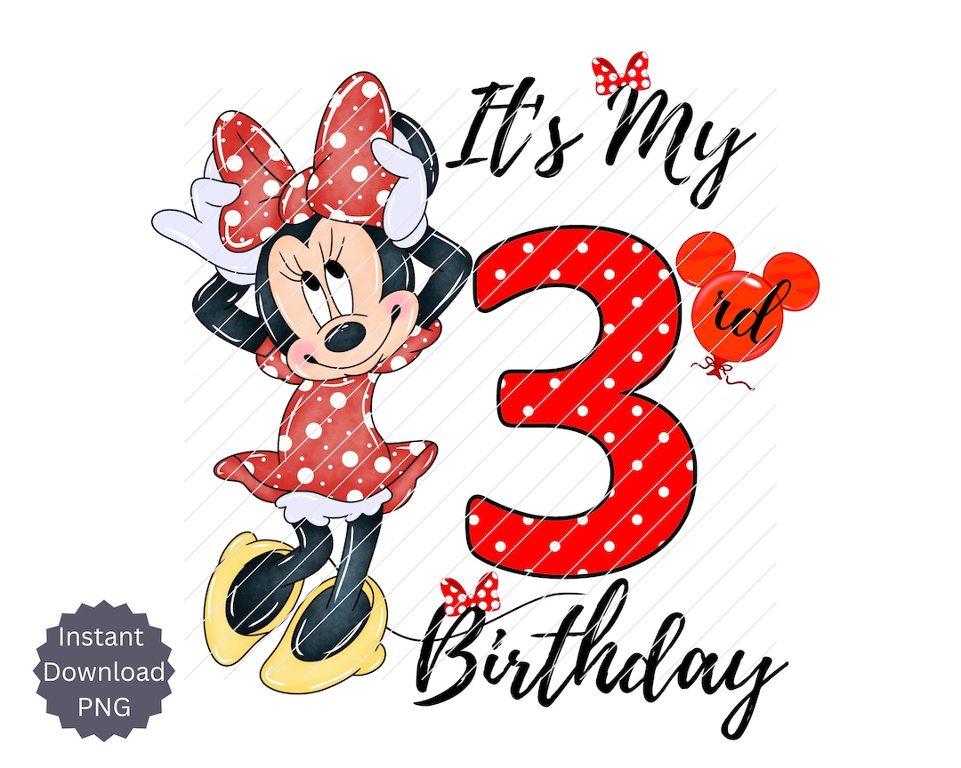 ミニーマウス 3歳の誕生日 アイロンプリント 熱転写、3歳の誕生日 PNG