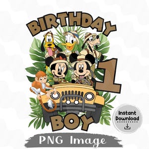 Mickey et ses amis Safari 1er anniversaire png, thème Safari 1er anniversaire, 1 anniversaire thermocollant, Safari Mickey Mouse 1, thème Mickey jungle