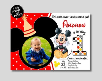 May include: A red and black Mickey Mouse themed first birthday invitation with a photo frame. The invitation features a cartoon Mickey Mouse, a large number one, and the text "He's cute, sweet and so much fun! Andrew is turning 1. Come celebrate!"  The invitation also includes the date, time, location, and RSVP information.