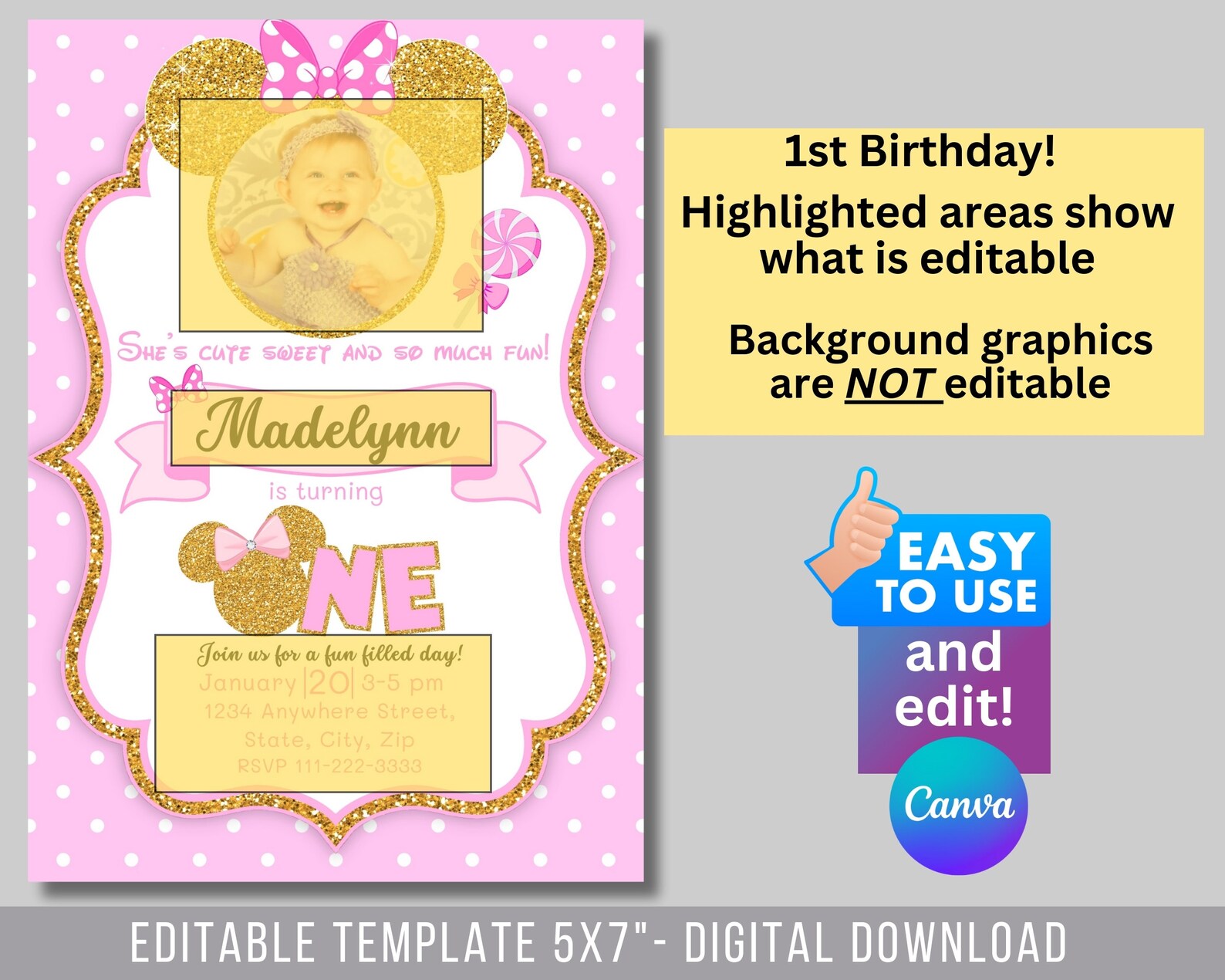 Editable 1st Minnie Mouse Birthday Invitation, Unique Photo Invitation ...