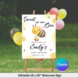 Cartello di benvenuto modificabile a forma di ape Cartello di benvenuto per baby shower Banner di benvenuto stampabile Un po' di miele è in arrivo Download immediato cartello per feste