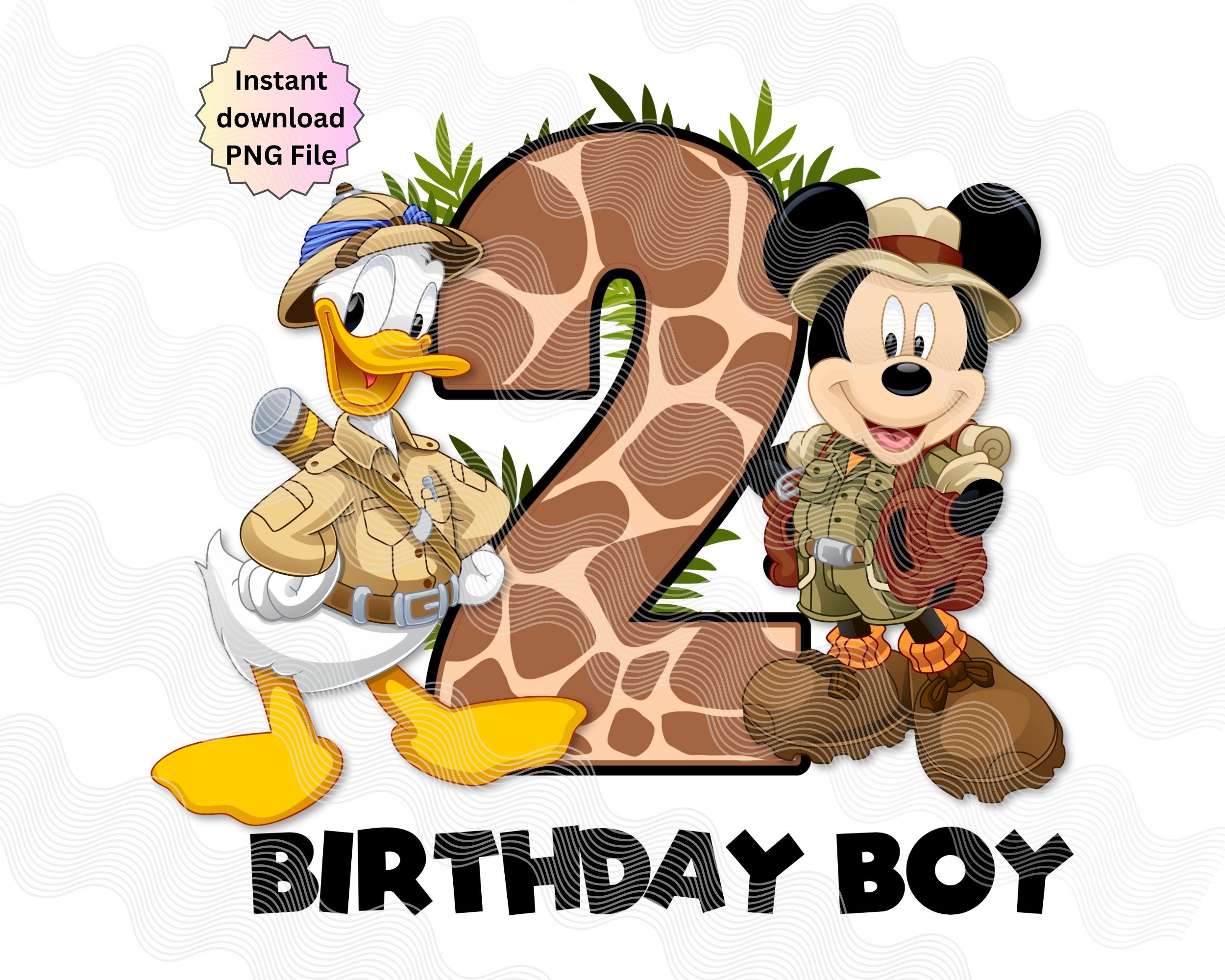 Mickey en Donald 2e verjaardag png, feestvarken Safari 2e verjaardag shirt, opstrijkbare 2e, Safari Mickey Mouse 2, Mickey Jungle thema
